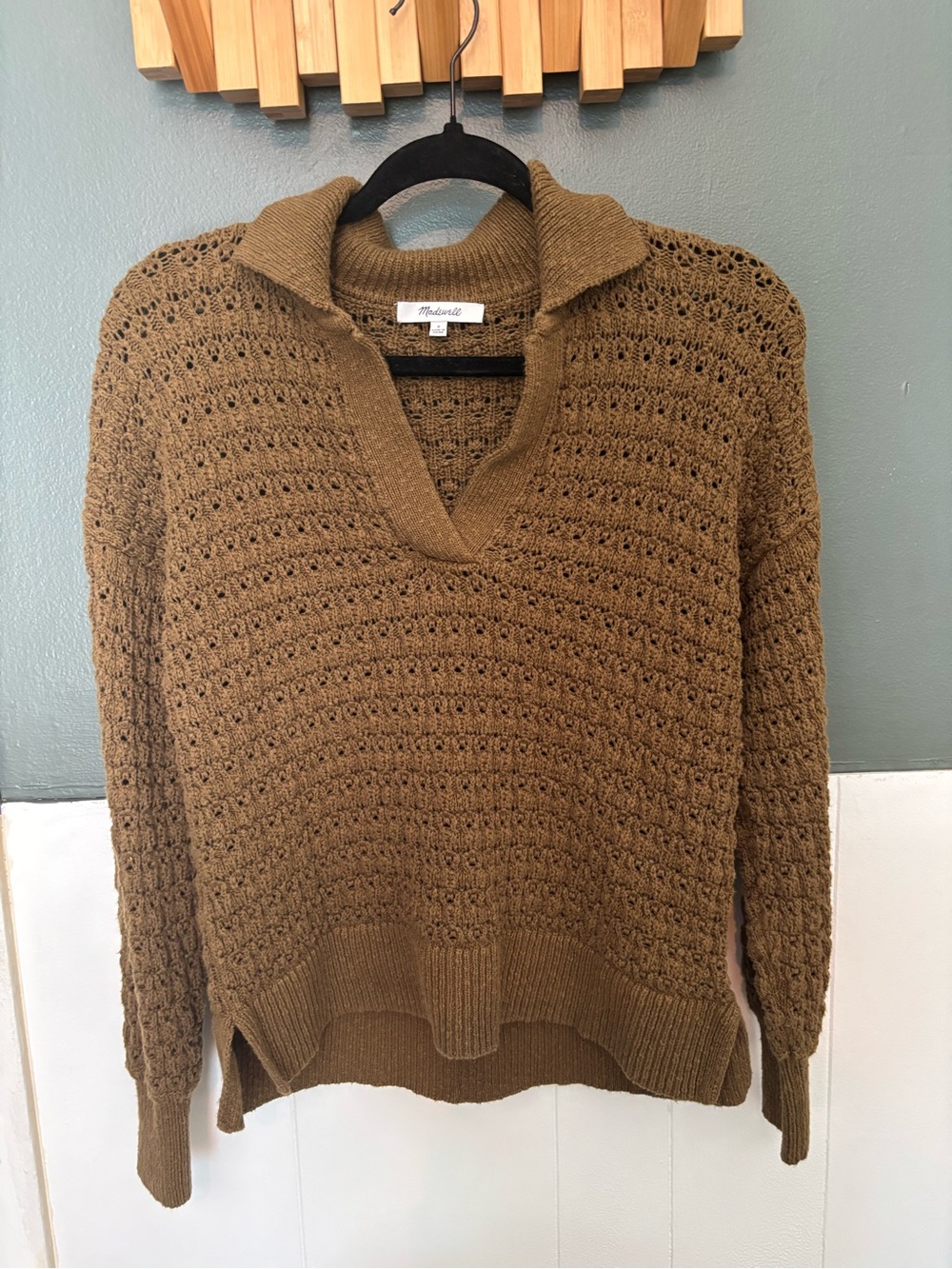 Madewell Olive-Brown Open V Collared Knit Sweater